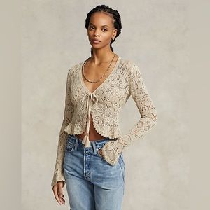 Ralph Lauren Cropped Pointelle Linen-Blend Cardigan